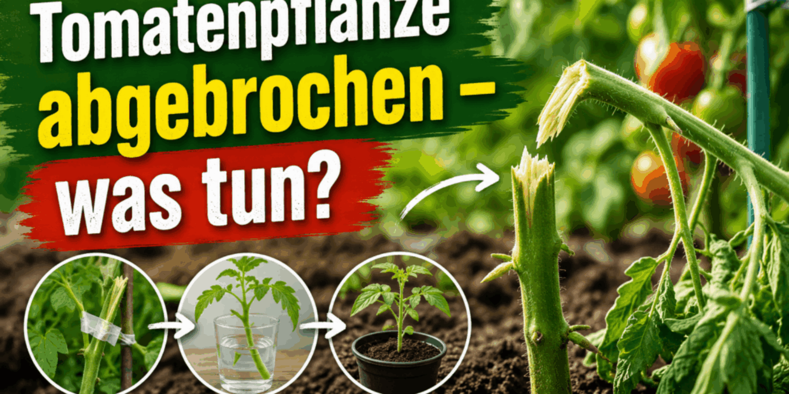 Bitte erstelle ein hoch konvertierendes Beitragsbild für unsere Zielgruppe im Querformat - als Text nur das Keyword: Tomatenpflanze abgebrochen – was tun?