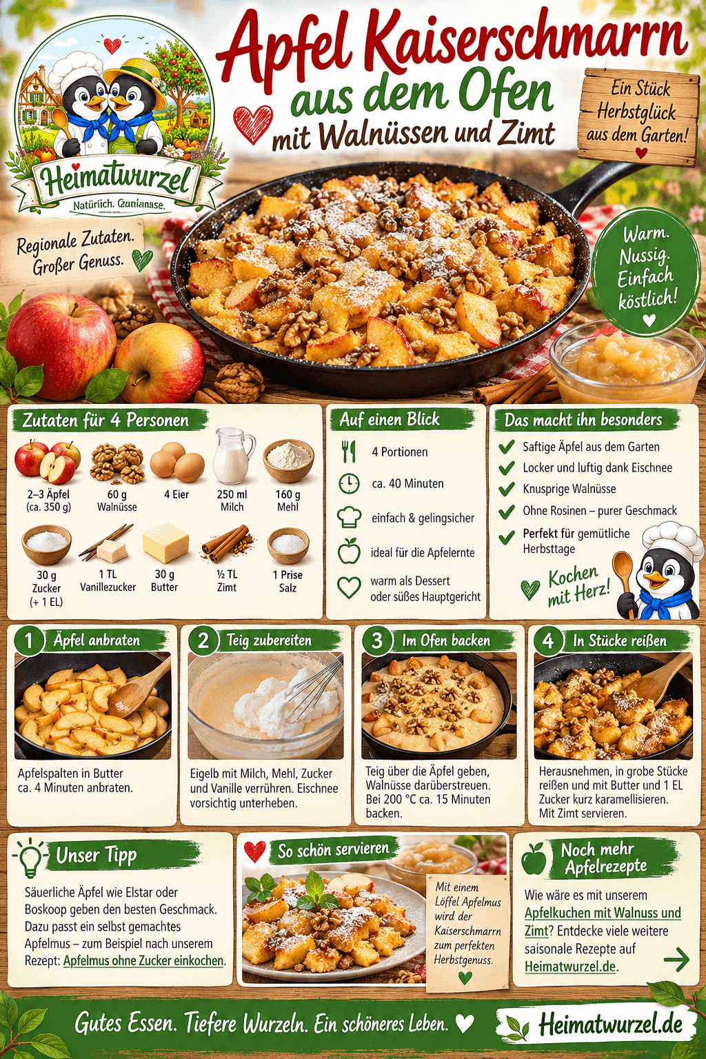 Apfel Kaiserschmarrn aus dem Ofen mit Walnüssen Infografik Apfel Kaiserschmarrn aus dem Ofen mit Walnüssen Infografik