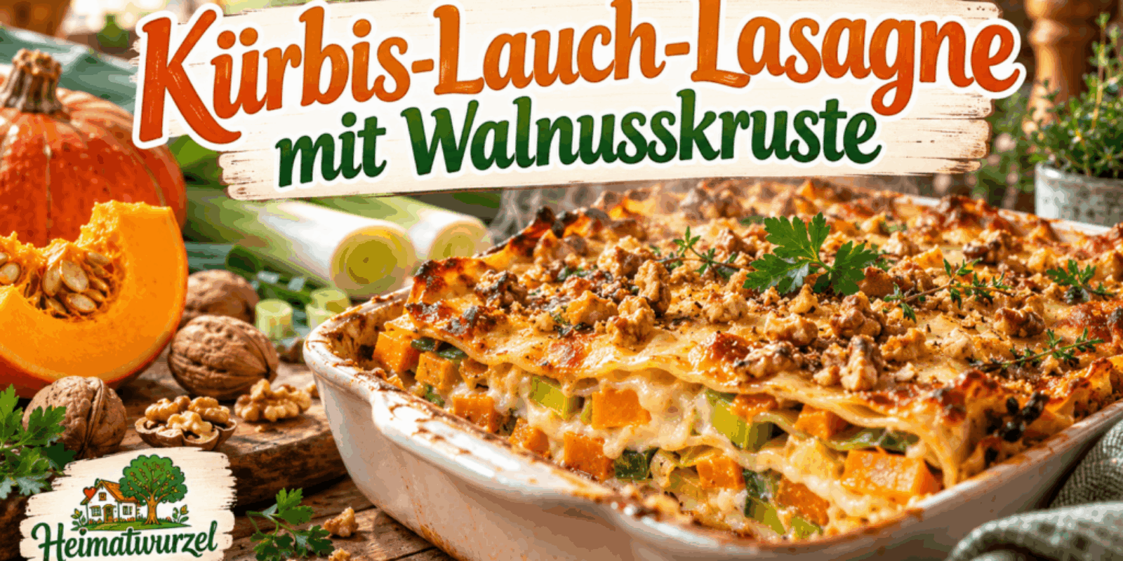 Kürbis-Lauch-Lasagne mit Walnusskruste