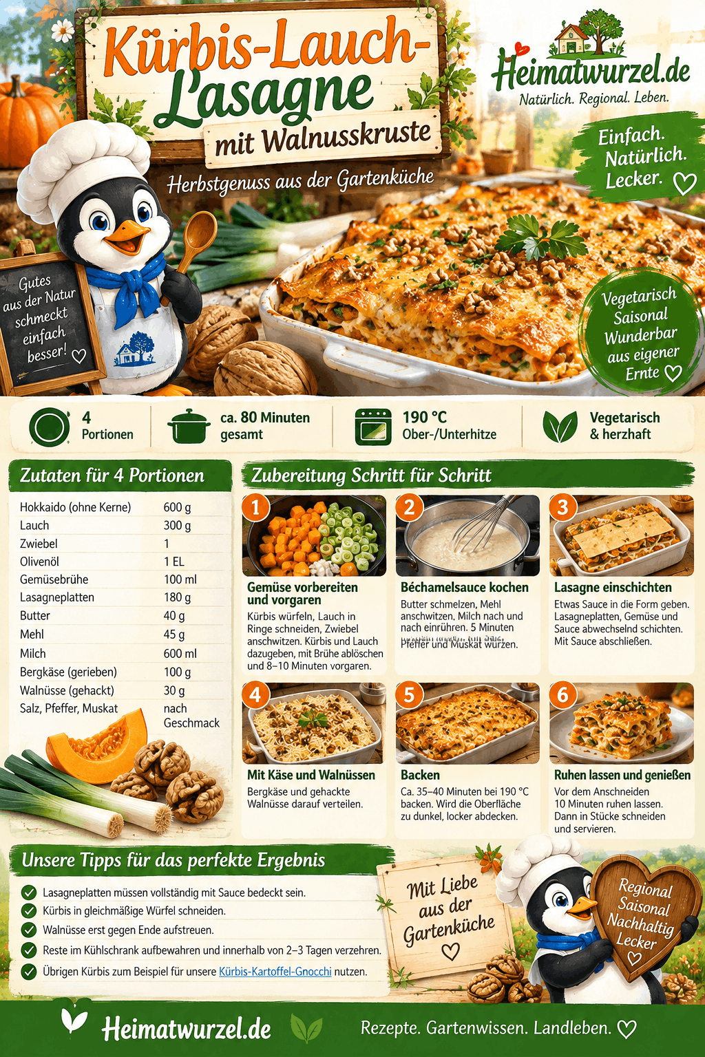 Kürbis-Lauch-Lasagne mit Walnusskruste Infografik Kürbis-Lauch-Lasagne mit Walnusskruste Infografik