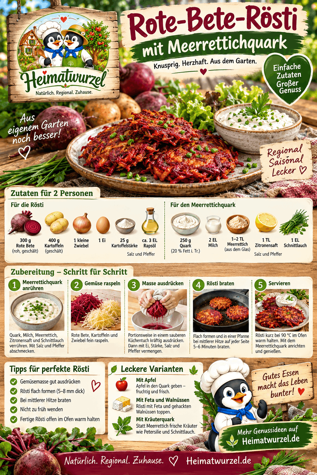 Rote-Bete-Rösti mit Kartoffeln und Meerrettichquark Infografik Rote-Bete-Rösti mit Kartoffeln und Meerrettichquark Infografik