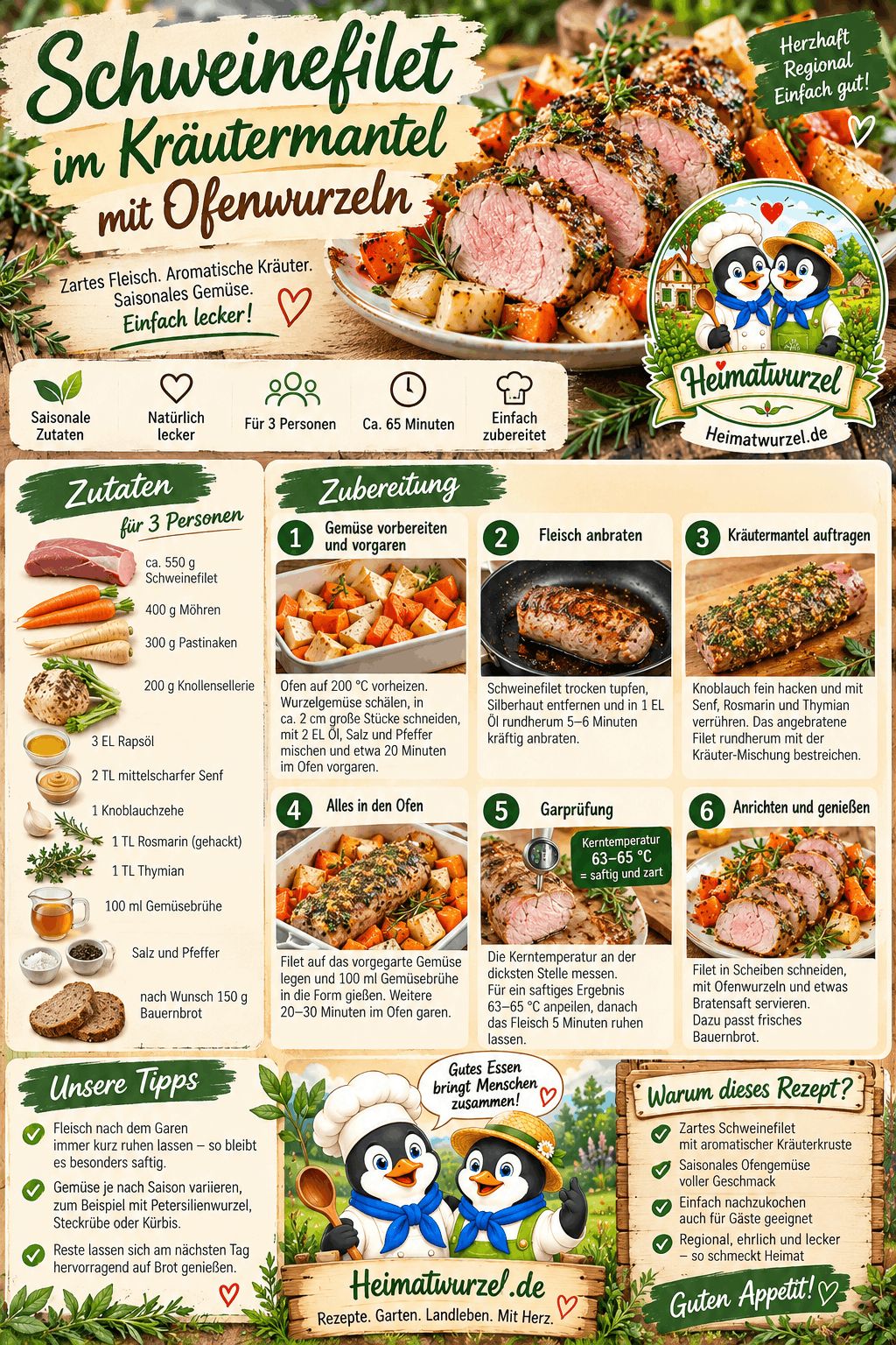 Schweinefilet im Kräutermantel mit Ofenwurzeln Infografik Schweinefilet im Kräutermantel mit Ofenwurzeln Infografik