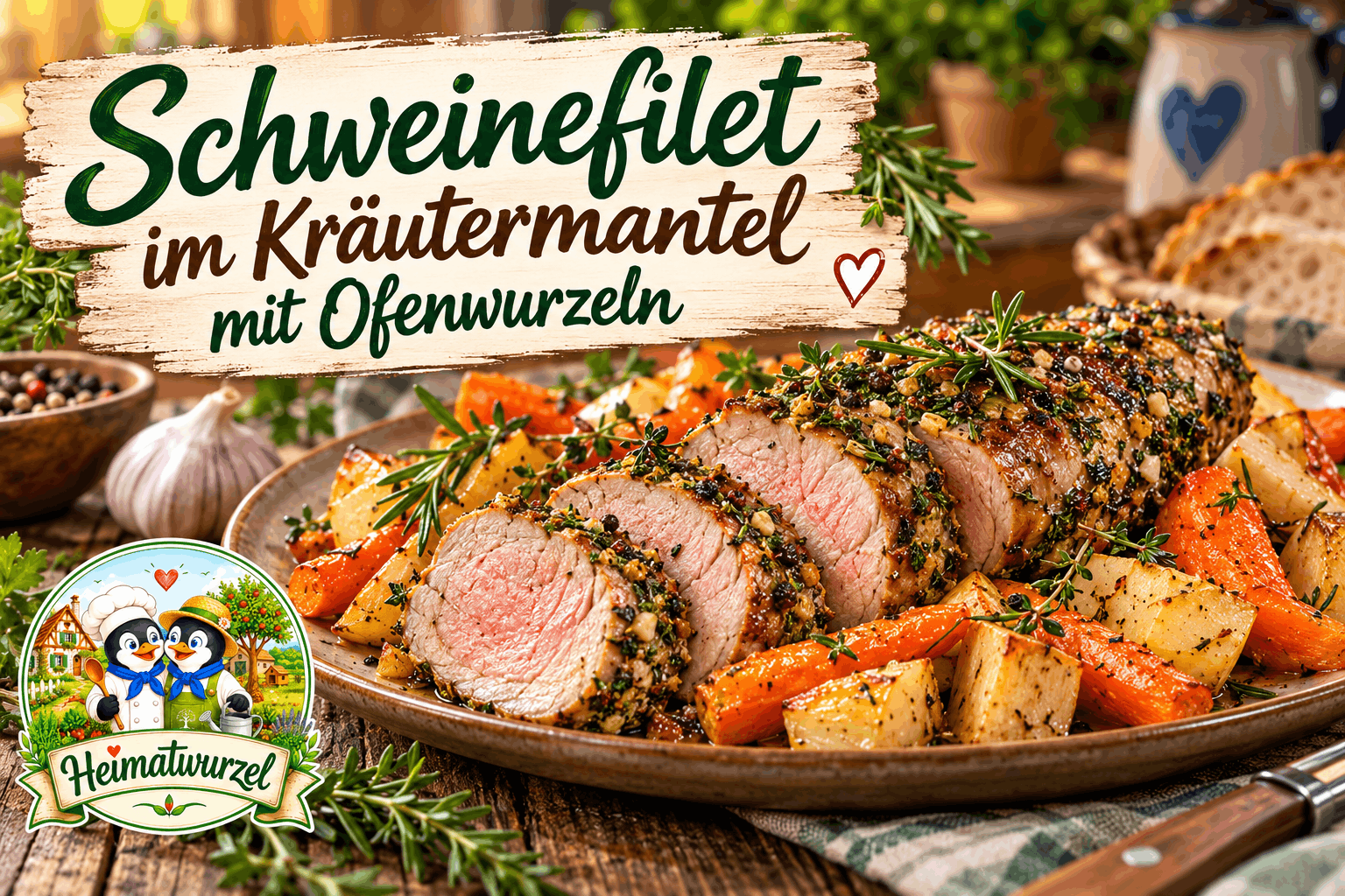 Schweinefilet im Kräutermantel mit Ofenwurzeln Schweinefilet im Kräutermantel mit Ofenwurzeln