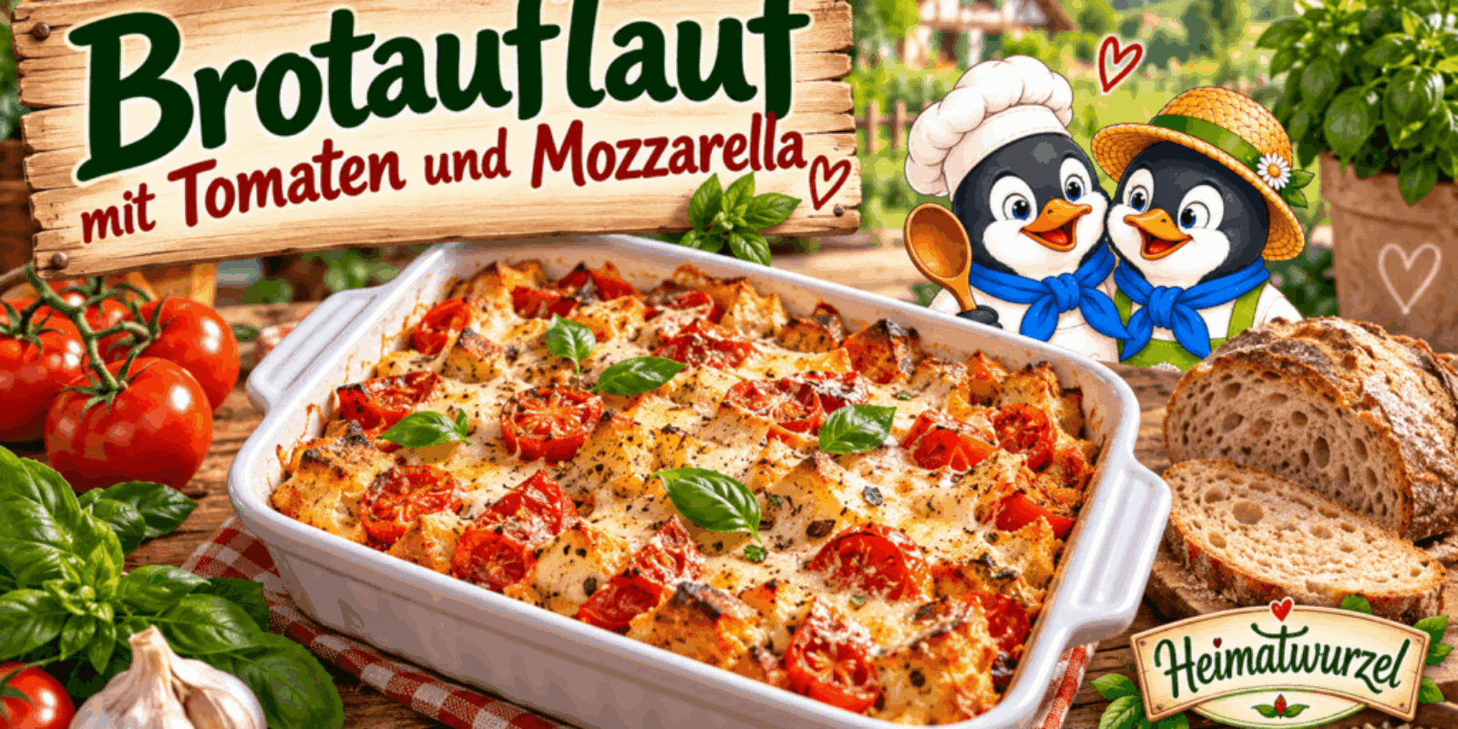Brotauflauf mit Tomaten und Mozzarella