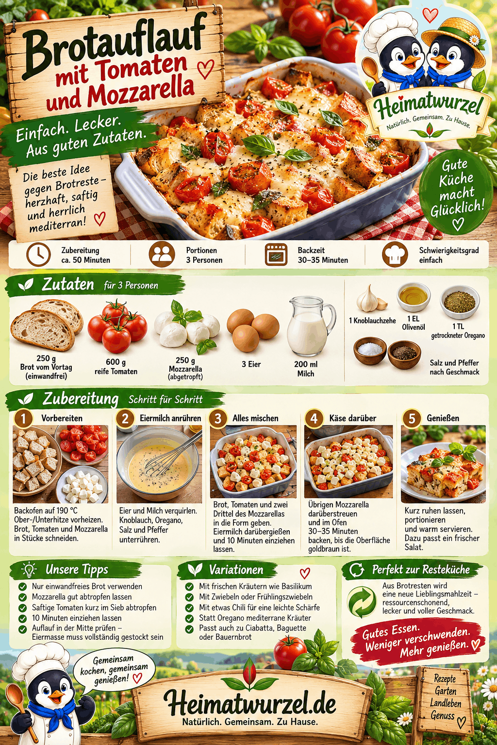 Brotauflauf mit Tomaten und Mozzarella Infografik Brotauflauf mit Tomaten und Mozzarella Infografik