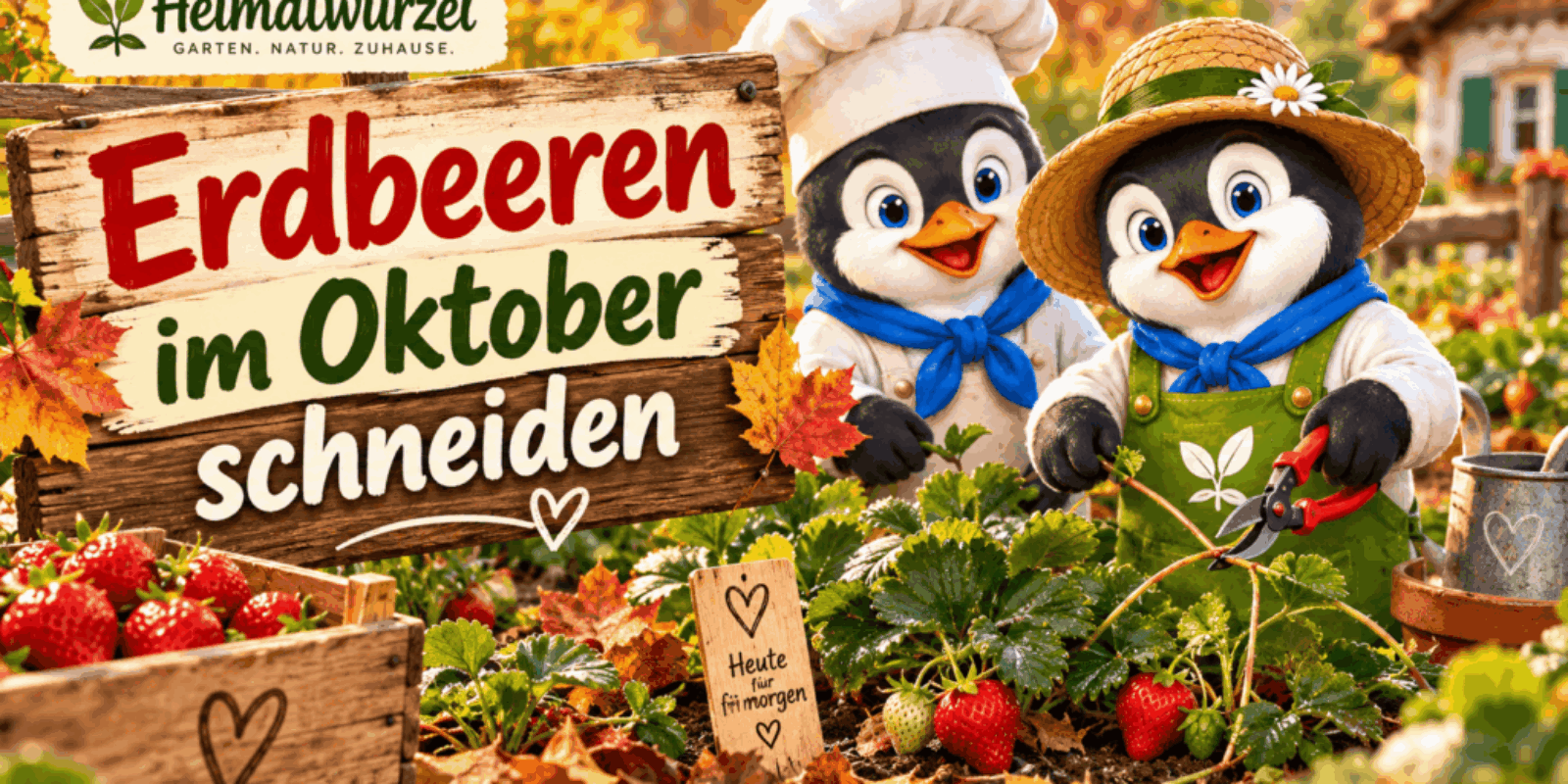 Bitte erstelle ein hoch konvertierendes Beitragsbild für unsere Zielgruppe im Querformat - als Text nur das Keyword: Erdbeeren im Oktober schneiden