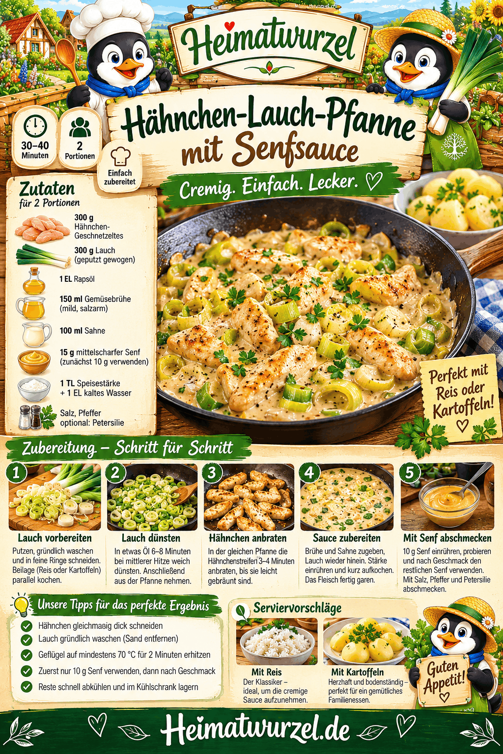 Hähnchen-Lauch-Pfanne mit Senfsauce Infografik Hähnchen-Lauch-Pfanne mit Senfsauce Infografik