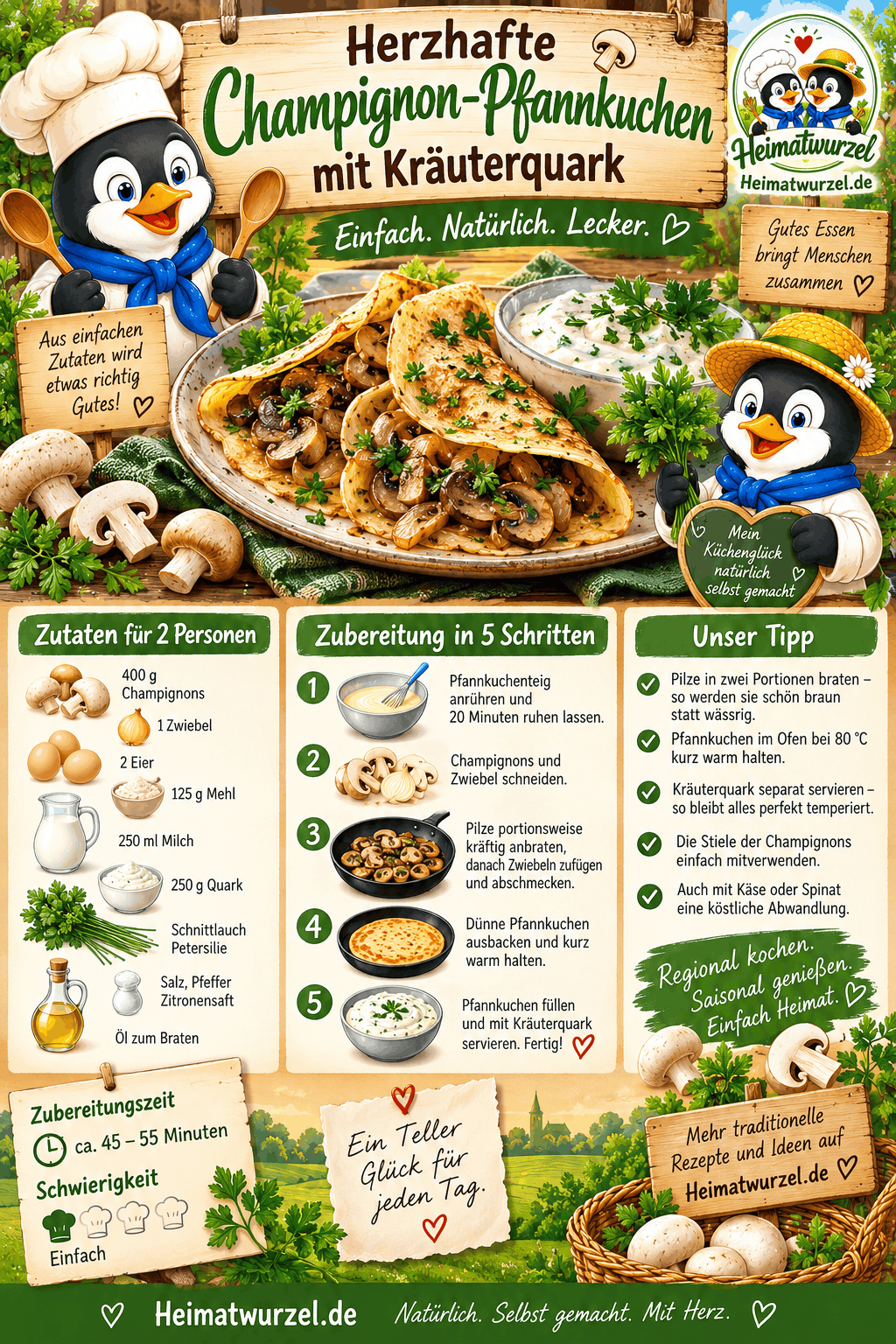 Herzhafte Champignon-Pfannkuchen mit Kräuterquark Infografik Herzhafte Champignon-Pfannkuchen mit Kräuterquark Infografik