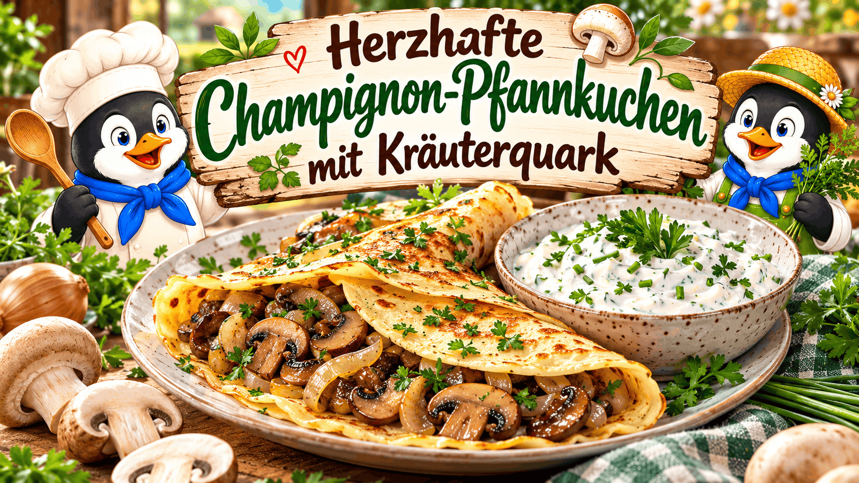 Herzhafte Champignon-Pfannkuchen mit Kräuterquark Herzhafte Champignon-Pfannkuchen mit Kräuterquark