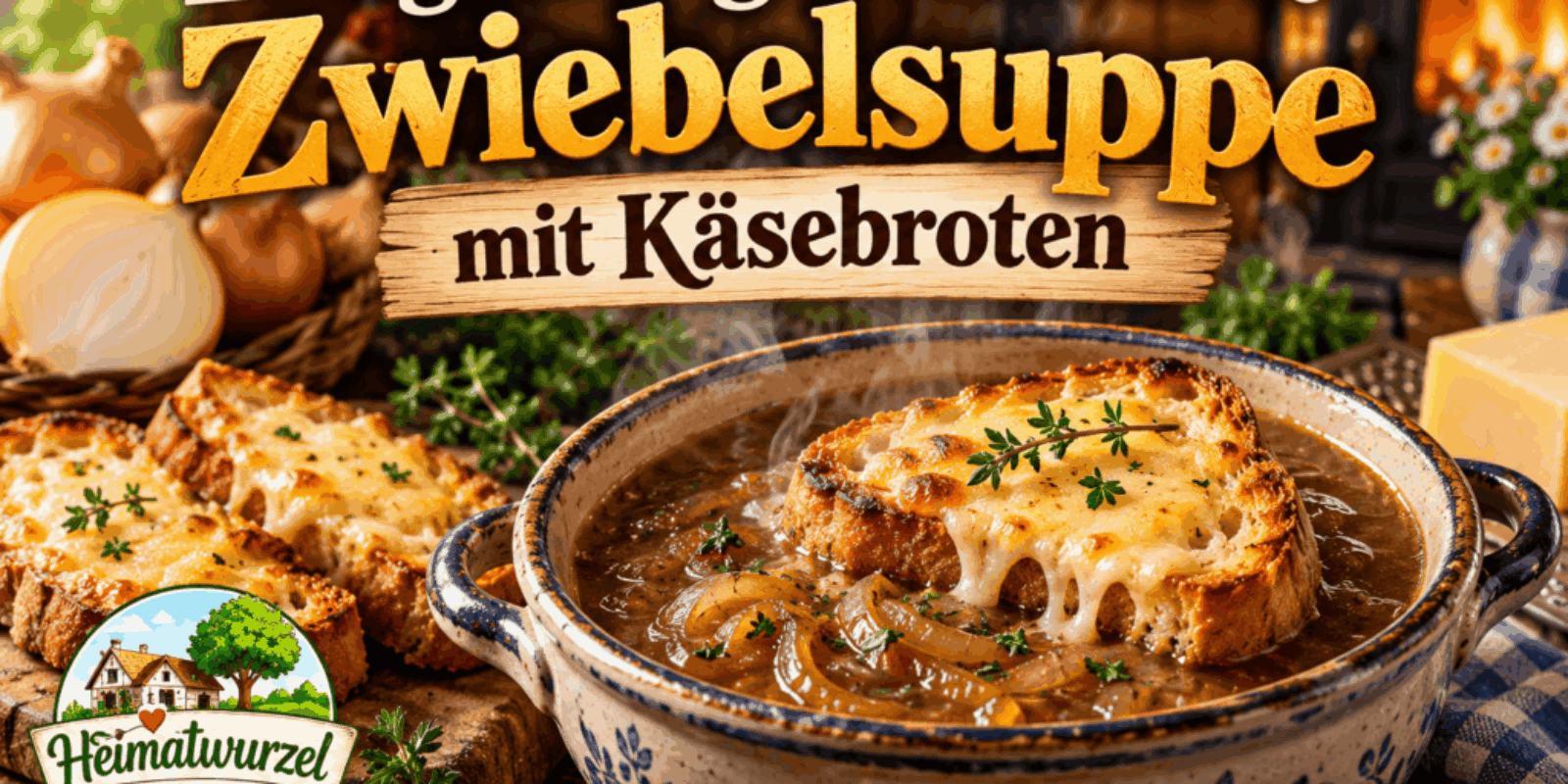 Langsam geschmorte Zwiebelsuppe mit Käsebroten
