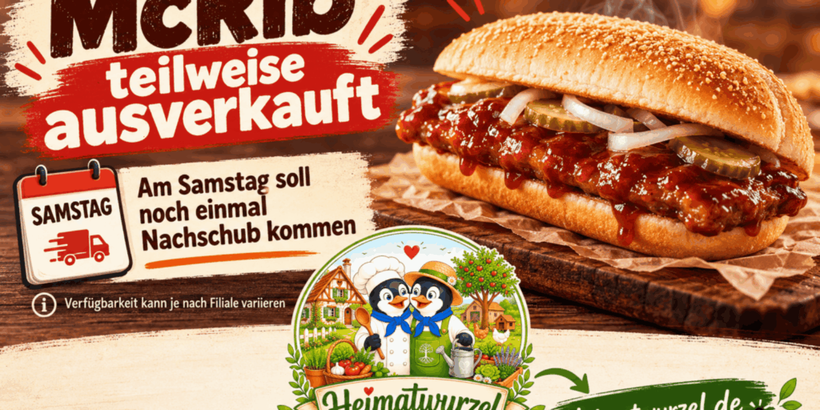 Eine absolute Garantie gegen Beanstandungen gibt es nicht. Für eine möglichst belastbare Veröffentlichung ist entscheidend, die Samstagsmeldung **nicht als bestätigte Tatsache** darzustellen und das Sortimentsende nicht mit einem endgültigen Abschied gleichzusetzen. ## McRib vor dem Sortimentswechsel: Ist am Samstag noch einmal Nachschub geplant? **Stand: 22. Oktober 2026** Der McRib soll ab dem 28. Oktober 2026 nicht mehr zum dauerhaften Standardsortiment von McDonald’s Deutschland gehören. Deshalb fragen sich manche Gäste, ob am Samstag, dem 24. Oktober, noch einmal Burger nachgeliefert werden. **Eine bundesweite Nachlieferung an diesem Samstag ist derzeit nicht bestätigt.** Die bislang veröffentlichten Berichte zum Sortimentswechsel nennen keinen solchen Liefertermin. Ob ein einzelnes Restaurant noch Ware erhält, lässt sich daraus nicht ableiten. ### Was zum Ende des McRib im Standardsortiment bekannt ist Die *Lausitzer Rundschau* berichtet, McDonald’s Deutschland habe auf Anfrage bestätigt, dass der McRib ab dem 28. Oktober aus dem dauerhaften Standardsortiment genommen wird. Demnach wäre Dienstag, der 27. Oktober, der letzte reguläre Tag im bisherigen Angebot. Das sagt allerdings nichts darüber aus, wie lange einzelne Restaurants tatsächlich Vorräte haben. [Lausitzer Rundschau](https://www.lr-online.de/nachrichten/panorama/mcdonalds-wie-lange-gibt-es-den-mcrib-noch-79586689.html?utm_source=chatgpt.com) Auch ein dauerhafter Abschied ist damit nicht belegt: Laut *Lausitzer Rundschau* schließt McDonald’s eine zeitweise Rückkehr zu einem späteren Zeitpunkt nicht aus. Einen Termin für ein mögliches Comeback nannte das Unternehmen dem Bericht zufolge nicht. [Lausitzer Rundschau](https://www.lr-online.de/nachrichten/panorama/mcdonalds-wie-lange-gibt-es-den-mcrib-noch-79586689.html?utm_source=chatgpt.com) ### Kann der McRib schon vorher ausverkauft sein? Ja. Der angekündigte letzte Tag im Standardsortiment ist kein Versprechen, dass jedes Restaurant bis dahin McRib anbietet. Der verfügbare Bestand kann sich von Filiale zu Filiale unterscheiden. Ist der Burger an einem Standort nicht bestellbar, belegt das daher weder einen bundesweiten Ausverkauf noch eine deutschlandweit letzte Lieferung. Wer am Samstag gezielt nach dem McRib sucht, sollte den Bestand direkt beim gewünschten Restaurant oder in den dort verfügbaren Bestellinformationen prüfen. Eine Aussage eines einzelnen Standorts wäre zunächst auch nur für diese Filiale aussagekräftig. ### Fazit Der McRib soll ab dem 28. Oktober 2026 aus dem dauerhaften Standardsortiment verschwinden. **Dass am Samstag, dem 24. Oktober, bundesweit ein letzter Nachschub kommt, ist öffentlich bislang nicht bestätigt.** Möglich sind abweichende Warenbestände einzelner Restaurants. Eine spätere Rückkehr als zeitlich begrenzte Aktion bleibt laut Unternehmensauskunft gegenüber der *Lausitzer Rundschau* möglich. **Quellen** - *Lausitzer Rundschau*: [Wie lange gibt es den McRib noch?](https://www.lr-online.de/nachrichten/panorama/mcdonalds-wie-lange-gibt-es-den-mcrib-noch-79586689.html) [Lausitzer Rundschau](https://www.lr-online.de/nachrichten/panorama/mcdonalds-wie-lange-gibt-es-den-mcrib-noch-79586689.html?utm_source=chatgpt.com) - *Märkische Oderzeitung*: [An diesem Tag gibt es das letzte Mal den McRib](https://www.moz.de/nachrichten/panorama/mcdonalds-an-diesem-tag-gibt-das-letzte-mal-den-mcrib-79593965.html) [moz.de](https://www.moz.de/nachrichten/panorama/mcdonalds-an-diesem-tag-gibt-das-letzte-mal-den-mcrib-79593965.html?utm_source=chatgpt.com) **SEO-Titel:** McRib: Gibt es am Samstag noch einmal Nachschub? McRib teilweise ausverkauft