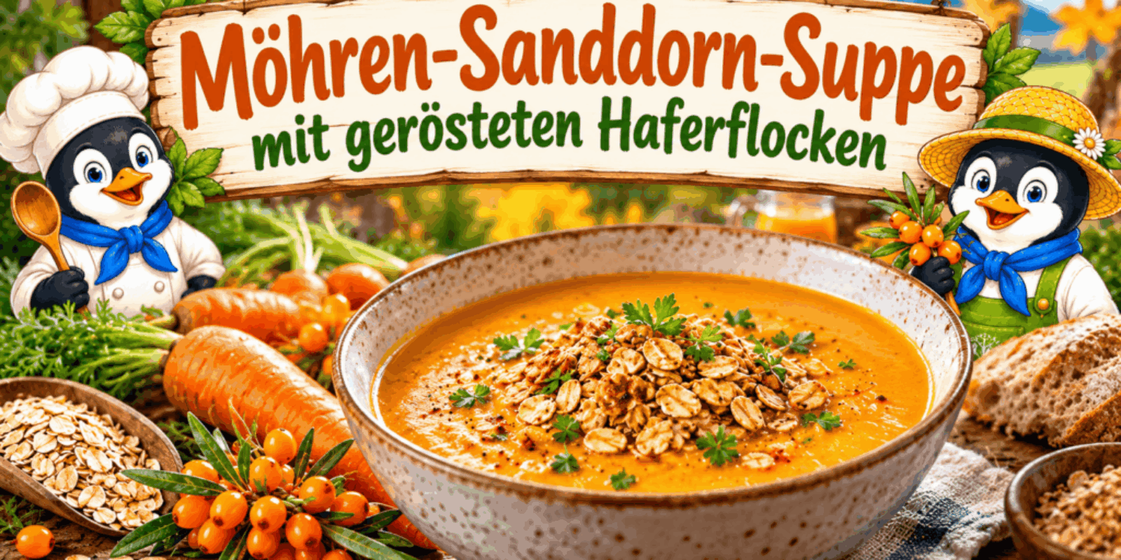 Möhren-Sanddorn-Suppe mit gerösteten Haferflocken