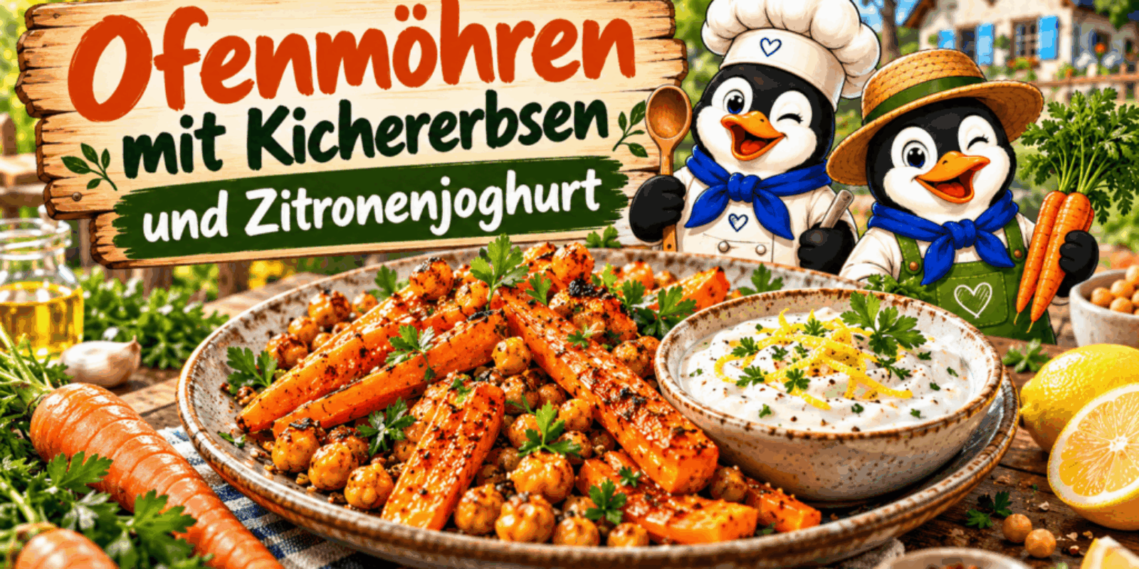 Ofenmöhren mit Kichererbsen und Zitronenjoghurt