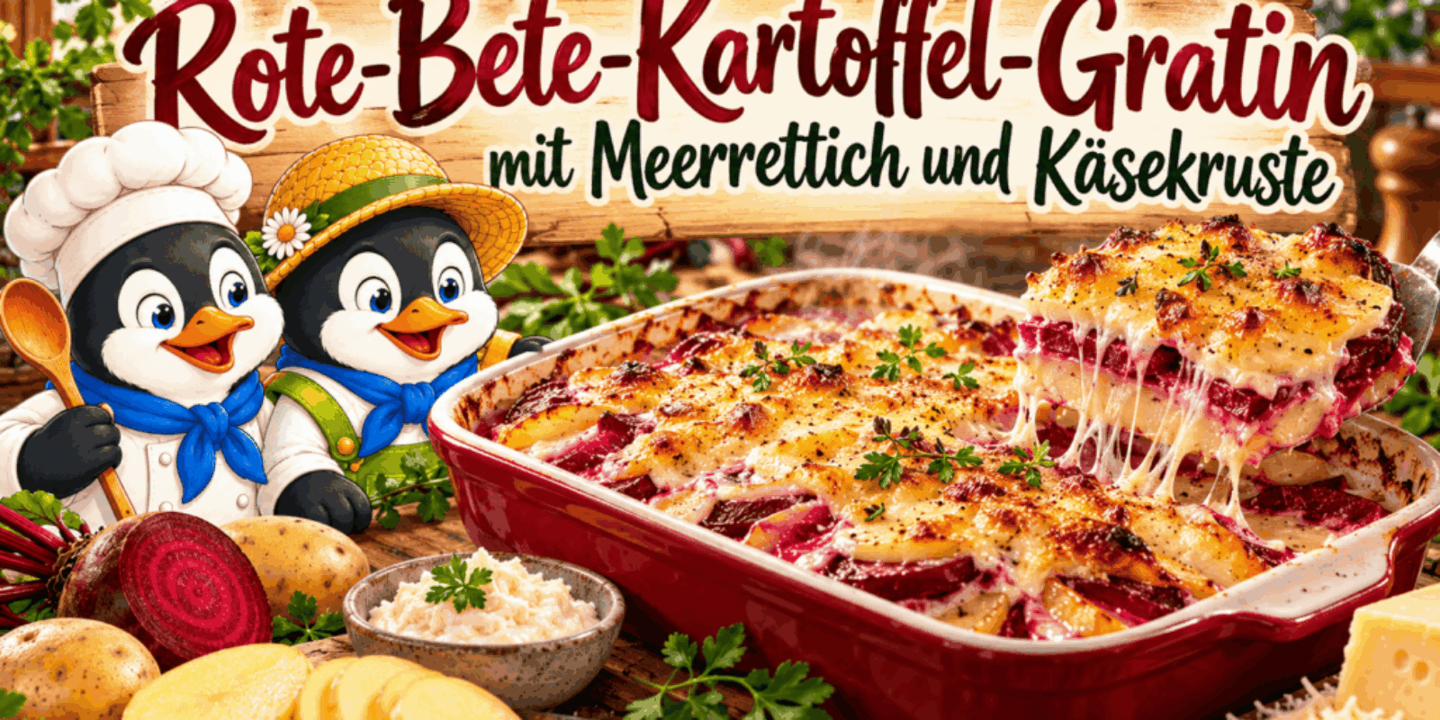 Rote-Bete-Kartoffel-Gratin mit Meerrettich und Käsekruste
