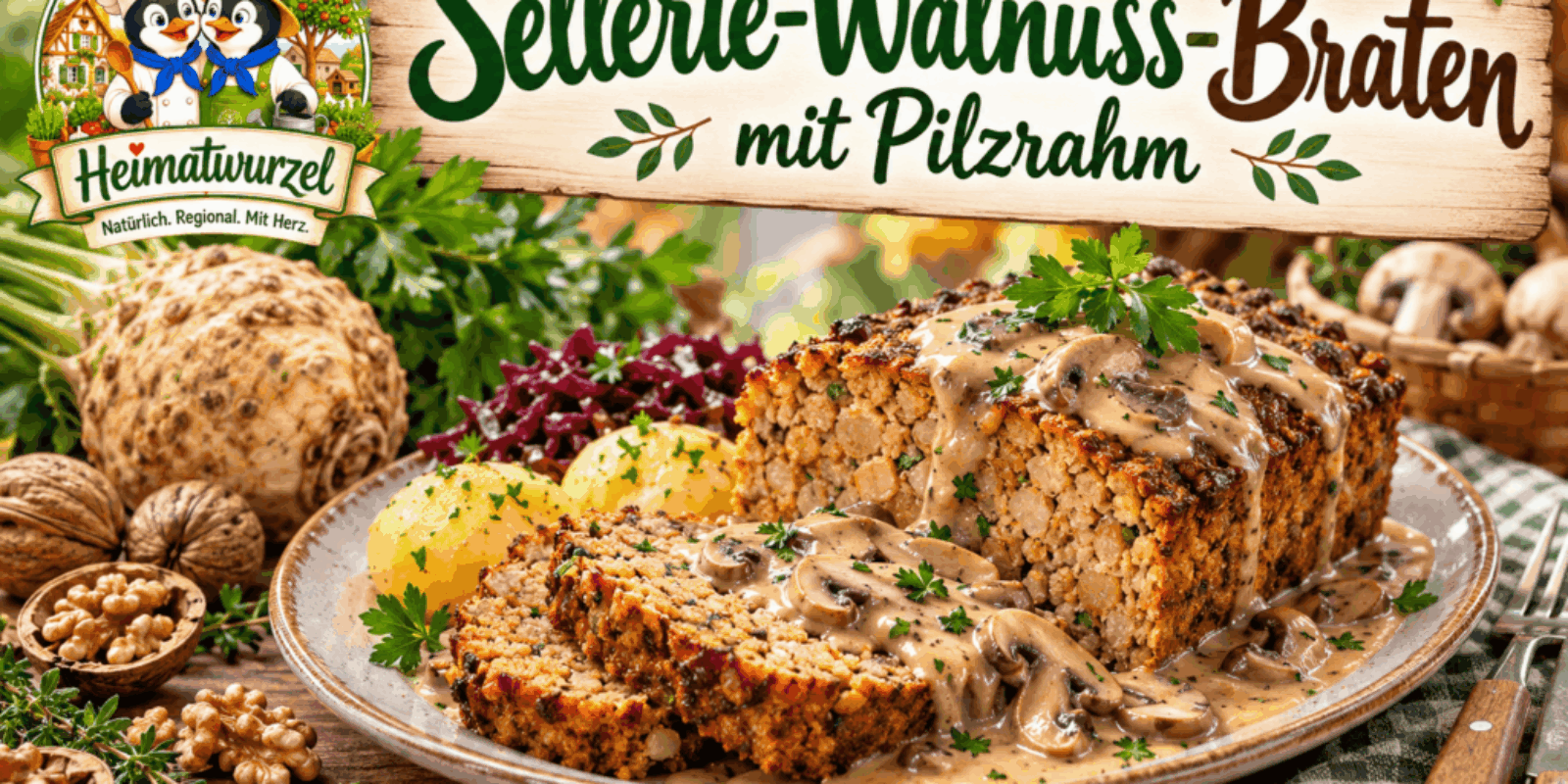 Sellerie-Walnuss-Braten mit Pilzrahm