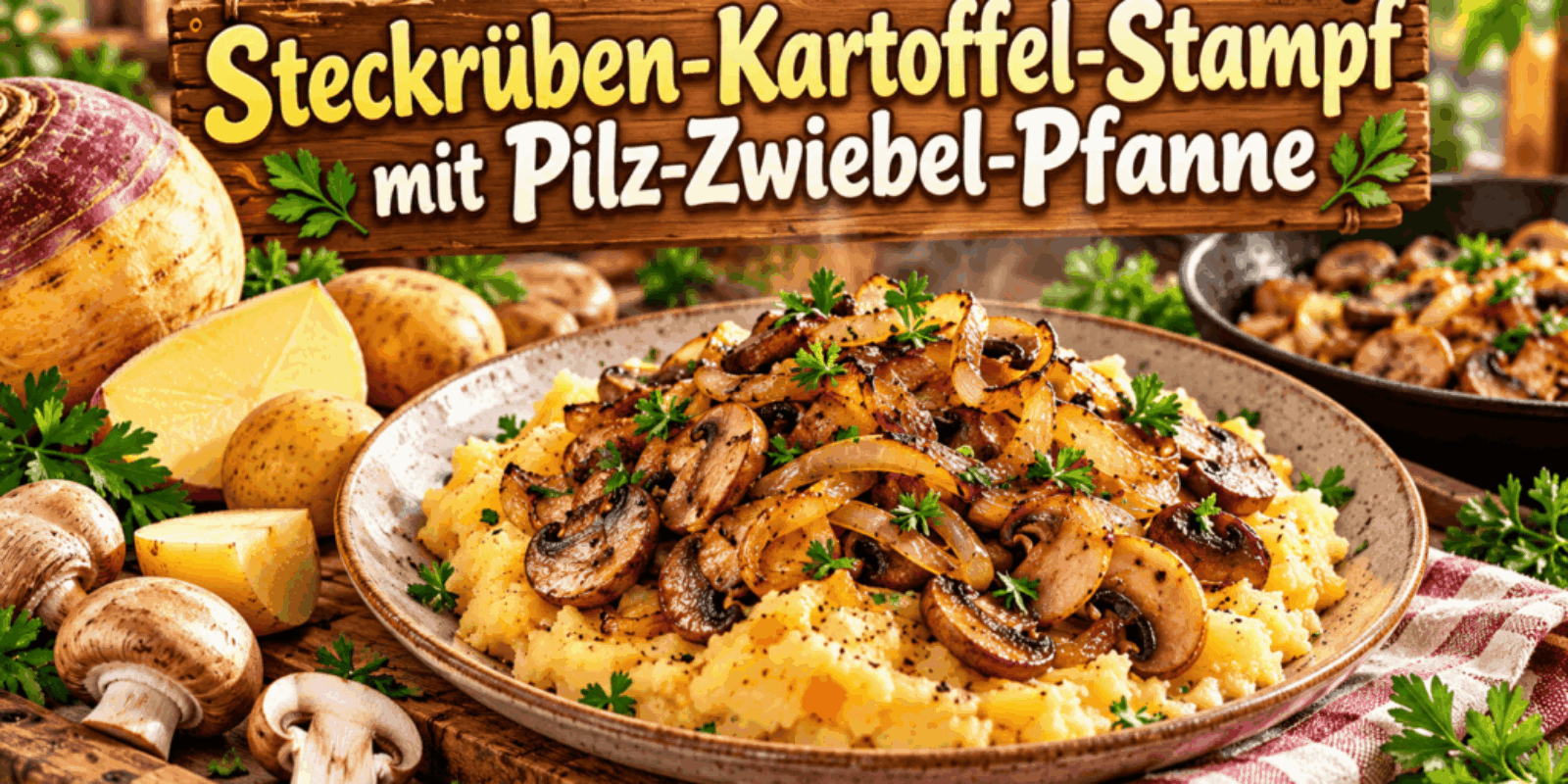 Steckrüben-Kartoffel-Stampf mit Pilz-Zwiebel-Pfanne